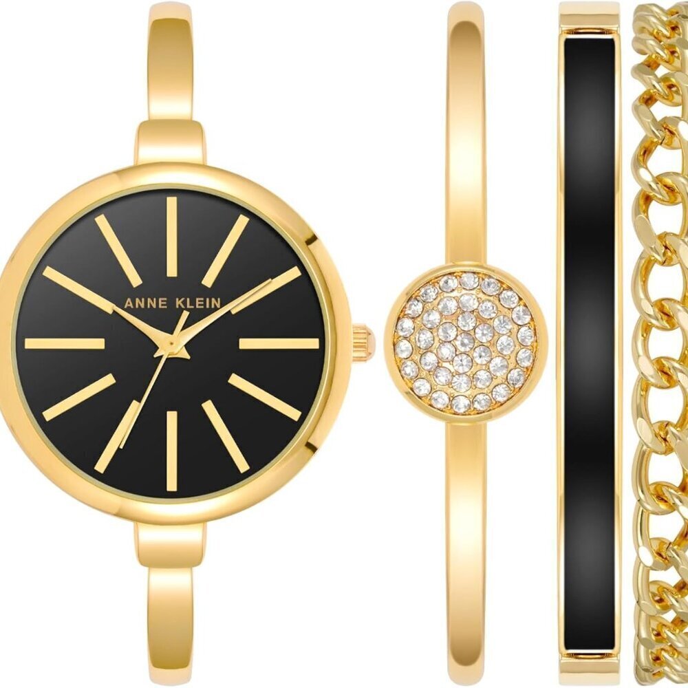 Women's Bangle Watch and Bracelet Set Brass Gold Black Jewelry Gift - Picture 1 of 7